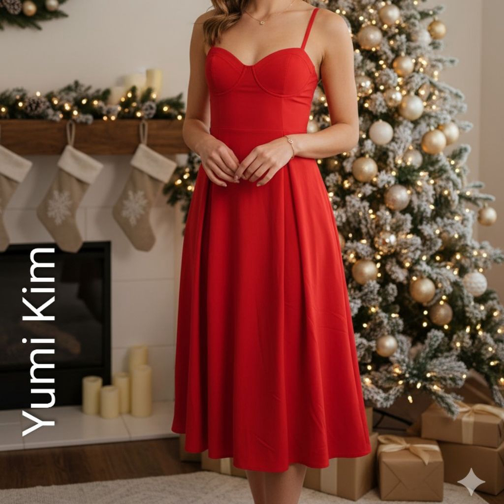 NWT Women's Yumi Kim Red Sweetheart Neck Midi Dress XS Christmas holiday chic